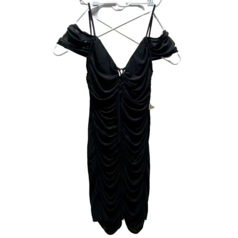 Privy‎ Off Shoulder Shirring Mesh Dress Women's Large Black Cocktail Bodycon NWT